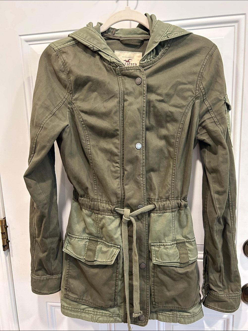 🍁 Hollister Two-Tone Olive Green Hooded Drawstring Utility Jacket Size Small 🍁